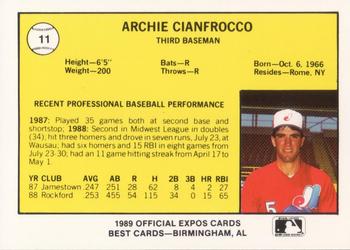 1989 Best Jacksonville Expos #11 Archi Cianfrocco  Back