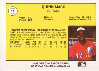 1989 Best Jacksonville Expos #14 Quinn Mack  Back
