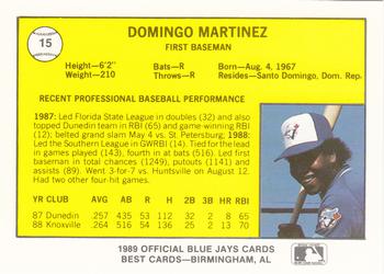1989 Best Knoxville Blue Jays #15 Domingo Martinez  Back