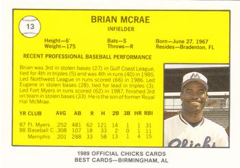 1989 Best Memphis Chicks #13 Brian McRae  Back