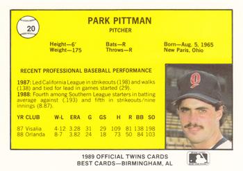 1989 Best Orlando Twins #20 Park Pittman  Back