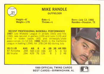 1989 Best Orlando Twins #21 Mike Randle  Back