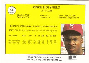 1989 Best Reading Phillies #14 Vince Holyfield  Back