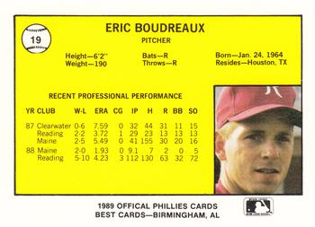 1989 Best Reading Phillies #19 Eric Boudreaux  Back
