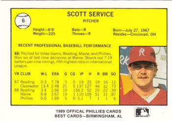 1989 Best Reading Phillies #6 Scott Service  Back