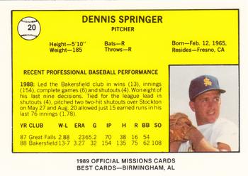 1989 Best San Antonio Missions #20 Dennis Springer  Back