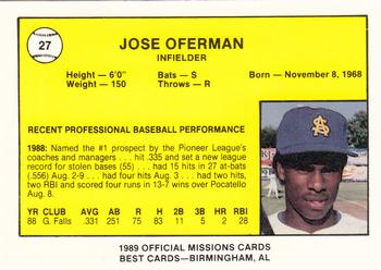 1989 Best San Antonio Missions #27 Jose Offerman Back
