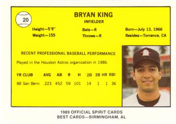 1989 Best San Bernardino Spirit #20 Bryan King  Back