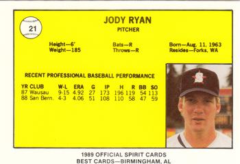 1989 Best San Bernardino Spirit #21 Jody Ryan  Back