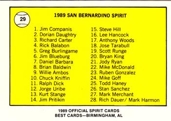 1989 Best San Bernardino Spirit #29 Spirit / Checklist  Back