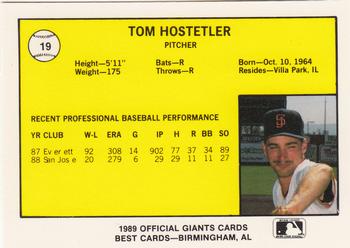 1989 Best San Jose Giants #19 Tom Hostetler  Back
