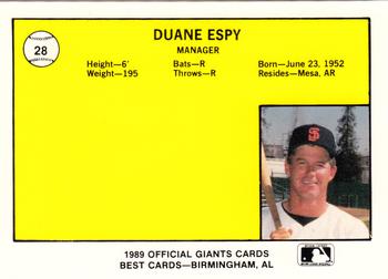 1989 Best San Jose Giants #28 Duane Espy Back