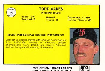 1989 Best San Jose Giants #29 Todd Oakes Back