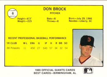 1989 Best San Jose Giants #6 Don Brock  Back
