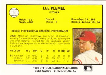 1989 Best Springfield Cardinals #11 Lee Plemel  Back