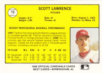 1989 Best Springfield Cardinals #13 Scott Lawrence  Back