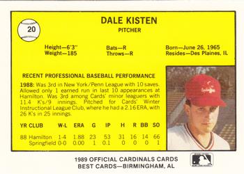 1989 Best Springfield Cardinals #20 Dale Kisten  Back