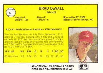 1989 Best Springfield Cardinals #4 Brad DuVall  Back