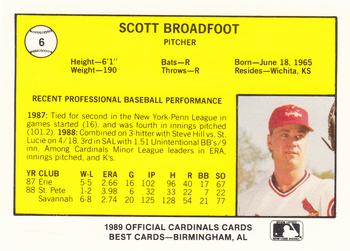 1989 Best Springfield Cardinals #6 Scott Broadfoot  Back