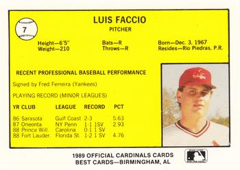1989 Best Springfield Cardinals #7 Luis Faccio  Back