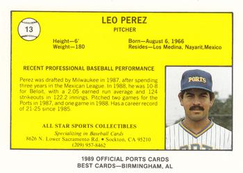 1989 Best Stockton Ports #13 Leo Perez  Back