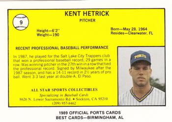 1989 Best Stockton Ports #9 Kent Hetrick  Back