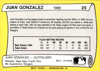 1990 Best Tulsa Drillers All Decade 1980's #25 Juan Gonzalez  Back