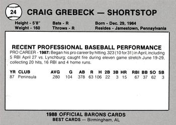 1988 Best Birmingham Barons #24 Craig Grebeck Back