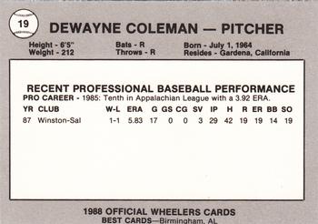 1988 Best Charleston Wheelers #19 Dewayne Coleman Back