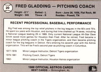 1988 Best Columbus Astros #20 Fred Gladding Back