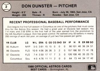 1988 Best Columbus Astros #2 Don Dunster Back