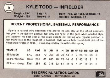 1988 Best Columbus Astros #9 Kyle Todd Back