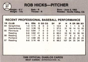 1988 Best El Paso Diablos #27 Rob Hicks Back