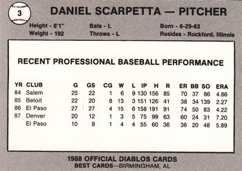 1988 Best El Paso Diablos #3 Daniel Scarpetta Back