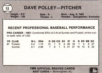 1988 Best Greenville Braves #12 Dale Polley Back