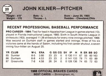 1988 Best Greenville Braves #20 John Kilner Back
