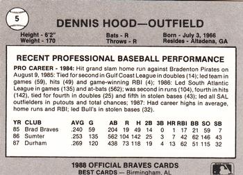 1988 Best Greenville Braves #5 Dennis Hood Back