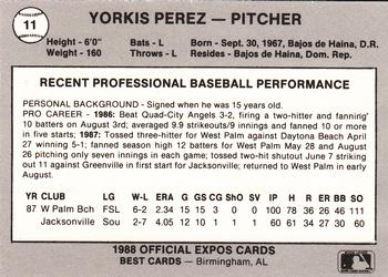 1988 Best Jacksonville Expos #11 Yorkis Perez Back