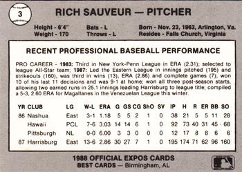 1988 Best Jacksonville Expos #3 Rich Sauveur Back