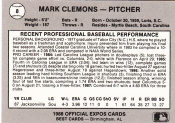 1988 Best Jacksonville Expos #8 Mark Clemons Back