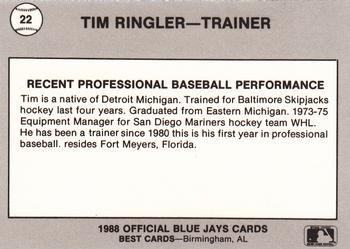 1988 Best Knoxville Blue Jays #22 Tim Ringler Back