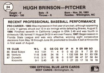 1988 Best Knoxville Blue Jays #24 Hugh Brinson Back