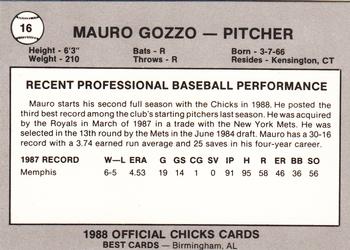 1988 Best Memphis Chicks #16 Mauro Gozzo Back