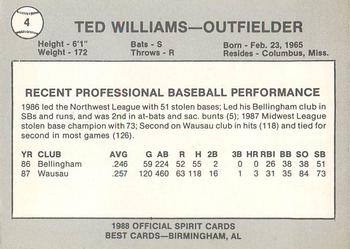 1988 Best San Bernardino Spirit #4 Ted Williams Back
