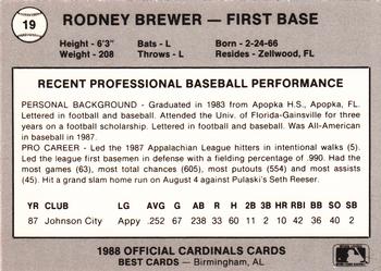 1988 Best Springfield Cardinals #19 Rod Brewer Back
