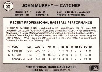 1988 Best Springfield Cardinals #22 John Murphy Back