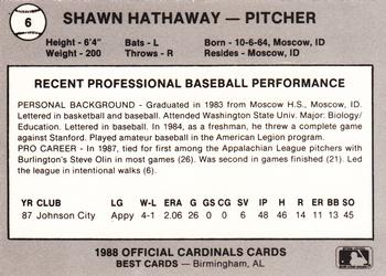 1988 Best Springfield Cardinals #6 Shawn Hathaway Back