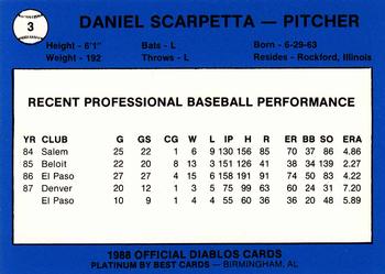 1988 Best El Paso Diablos - Platinum #3 Daniel Scarpetta Back