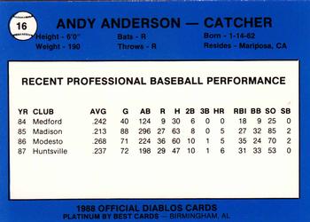 1988 Best El Paso Diablos - Platinum #16 Andy Anderson Back