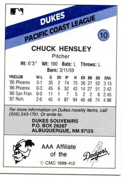 1988 CMC Albuquerque Dukes #10 Chuck Hensley Back